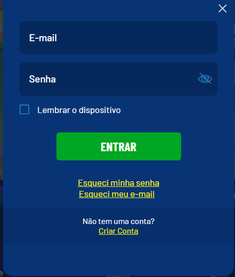 Tela de login da Galera Bet com campos de e-mail e senha, opção de lembrar o dispositivo, botões de recuperação de senha e criação de conta.
