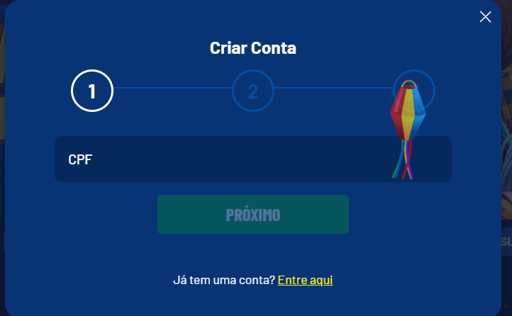 Primeira etapa do formulário "Criar Conta" na Galera Bet, solicitando CPF e com botão "Próximo"; opção de login para usuários já registrados.